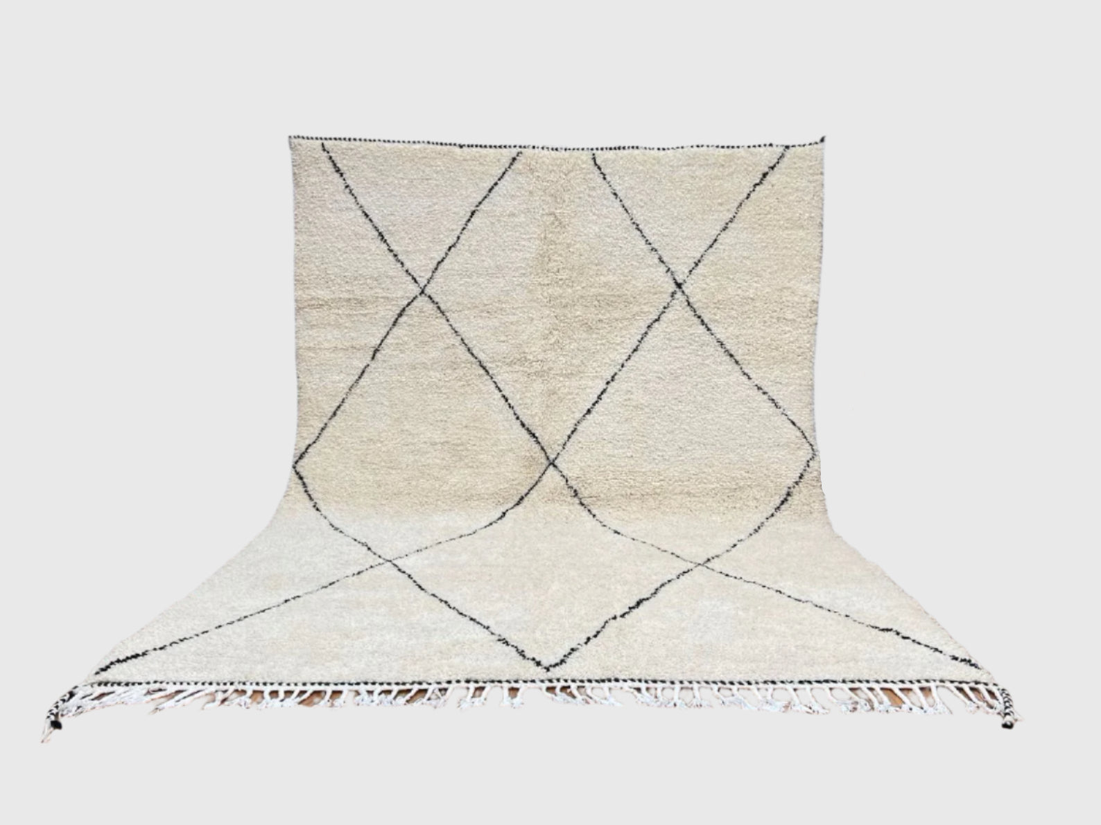 Cream handmade Moroccan wool rug with minimalist black diamond pattern