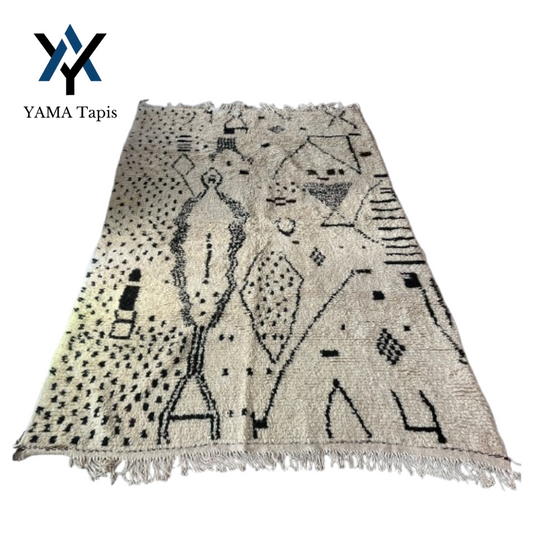 Tapis "Abstraction Berbère" 150x250 cm - Motifs abstraits noirs sur un fond beige,Idéal pour Salon et chambre à coucher