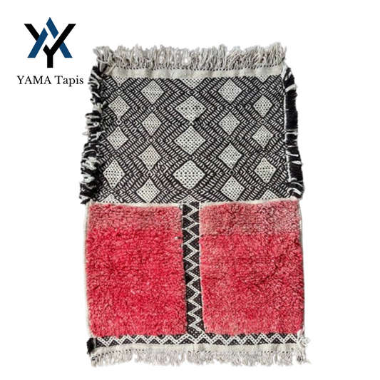 Small Moroccan Rug 3.6x2.5 ft – Handmade Wool Carpet with Red, Black & White Geometric Motifs for Bedroom or Living Room Accent Spaces