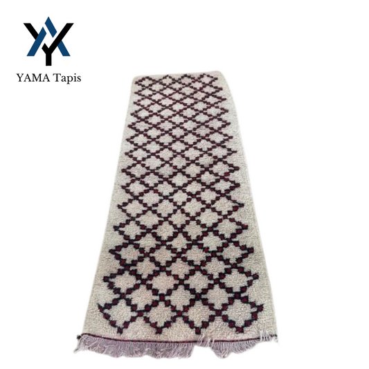 Tapis de couloir marocain beige 2,4 x 1,1 m – Tapis en laine tissé main à motifs berbères noirs et rouges pour couloirs, entrées et espaces restreints