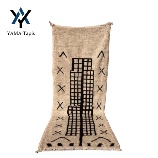 "Minimalist Grid" Rug 100x200 cm - beige background with black grid patterns, Ideal for Bedroom and Living Room