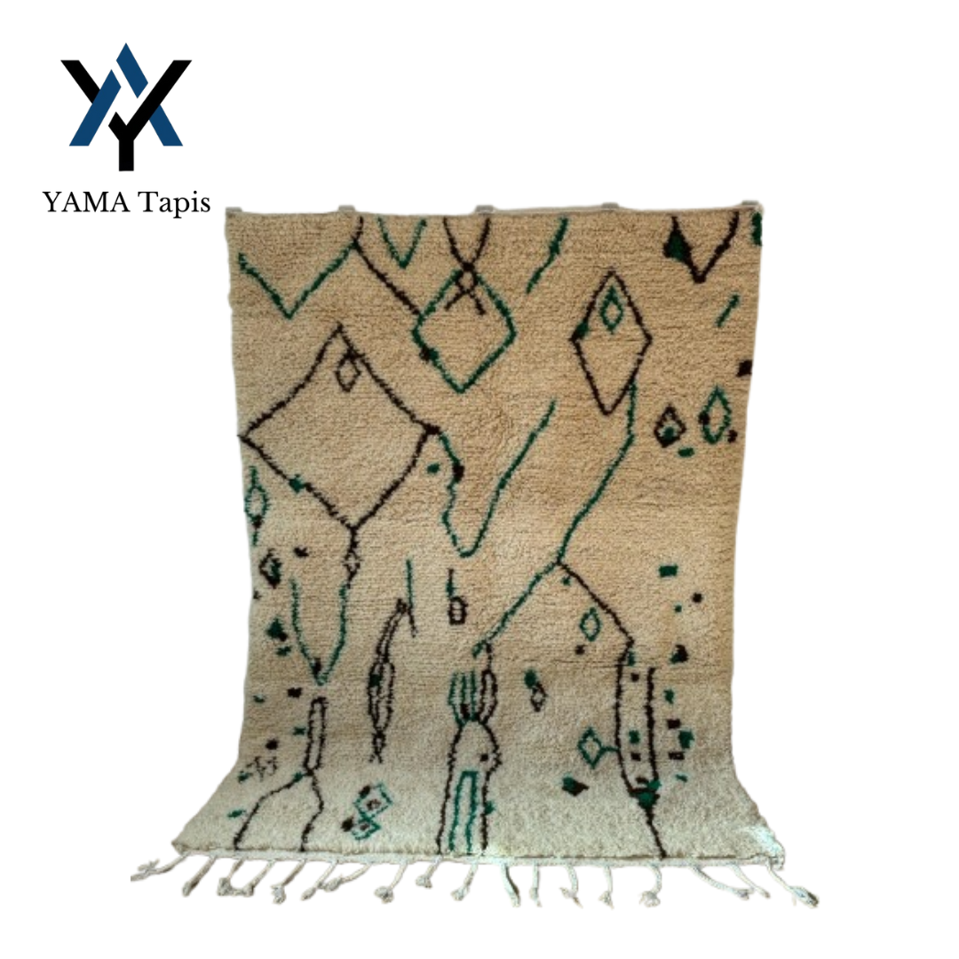 Tapis marocain « Ethnic Spark » – 2,4 x 1,8 m – Tapis en laine fait main à motifs géométriques berbères noirs et verts pour salons et chambres modernes