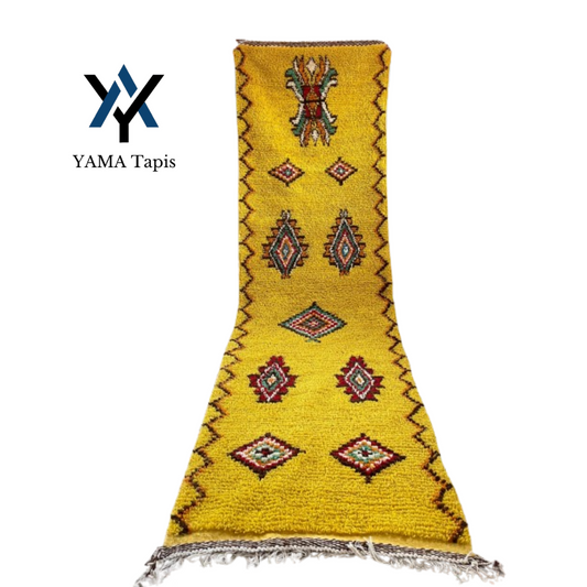 Moroccan Runner Rug 9.8x3.1 ft – Yellow Azilal Wool Carpet with Colorful Diamonds