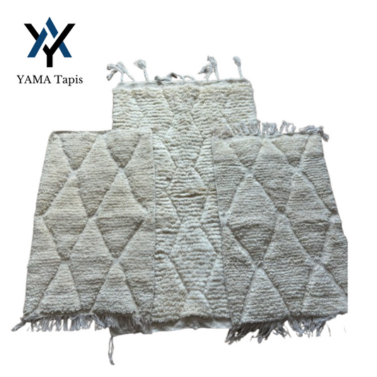 Moroccan Wool Rug Set – 3 Beige Handwoven Carpets with Textured Diamond Patterns for Living Rooms, Bedrooms, or Boho Interiors