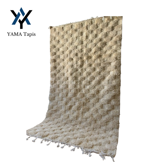 Tapis marocain beige 2,4 x 1,5 m – Tapis en laine fait main à motif à carreaux en relief pour salons et chambres modernes