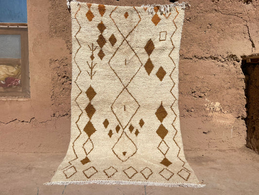 Beige Brown Moroccan Wool Rug 8.2x4.2 ft – Handmade Berber Carpet with Boho Style