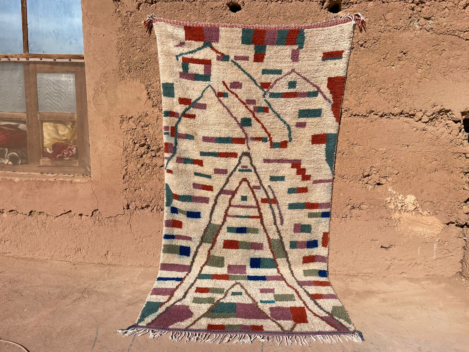 Tapis marocain en laine rouge, bleu et jaune 2 x 1,2 m – Tapis géométrique multicolore fait main