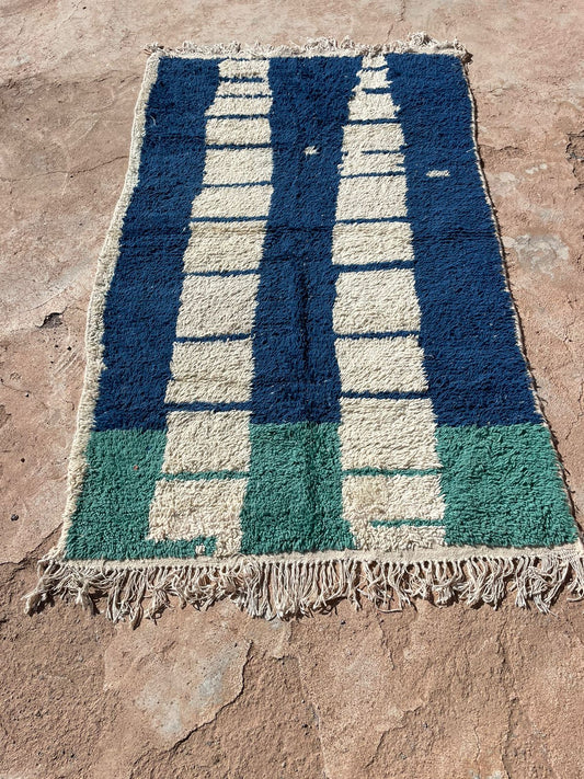Deep Blue Off-White Moroccan Wool Rug 6.5x3.6 ft – Handmade Striped Carpet Decor