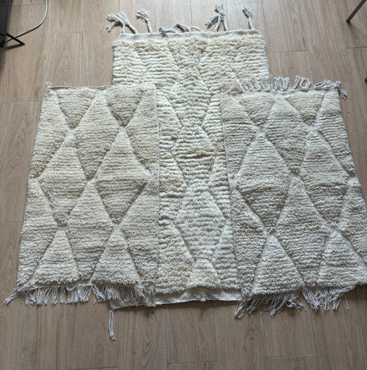 Moroccan Wool Rug Set – 3 Beige Handwoven Carpets with Textured Diamond Patterns for Living Rooms, Bedrooms, or Boho Interiors