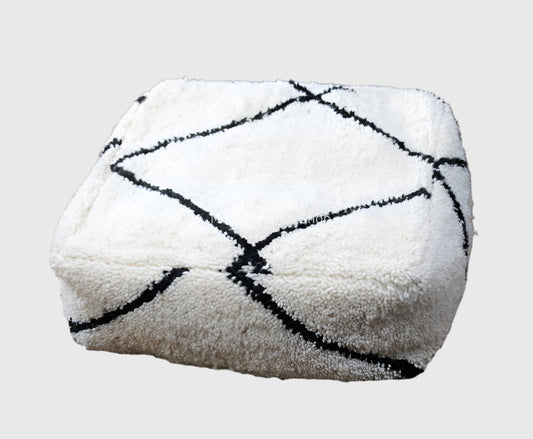 Beige Moroccan Wool Pouf – Handwoven Floor Cushion with Stripe Pattern, 24x24x8 in