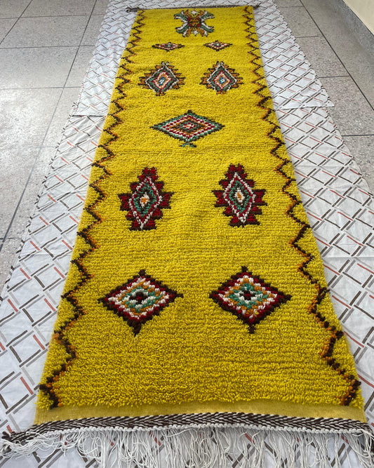 Moroccan Runner Rug 9.8x3.1 ft – Yellow Azilal Wool Carpet with Colorful Diamonds