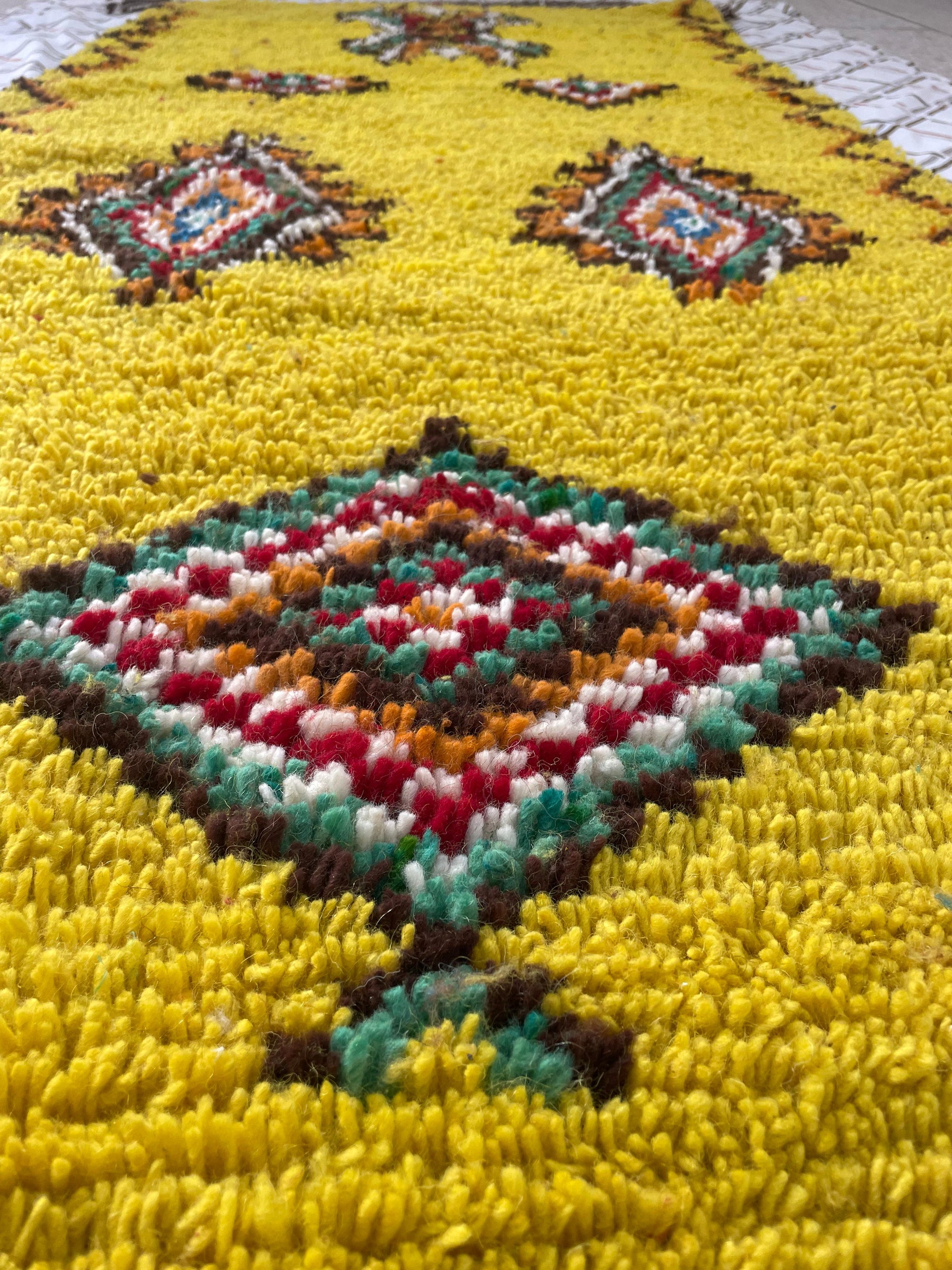 Moroccan Runner Rug 9.8x3.1 ft – Yellow Azilal Wool Carpet with Colorful Diamonds