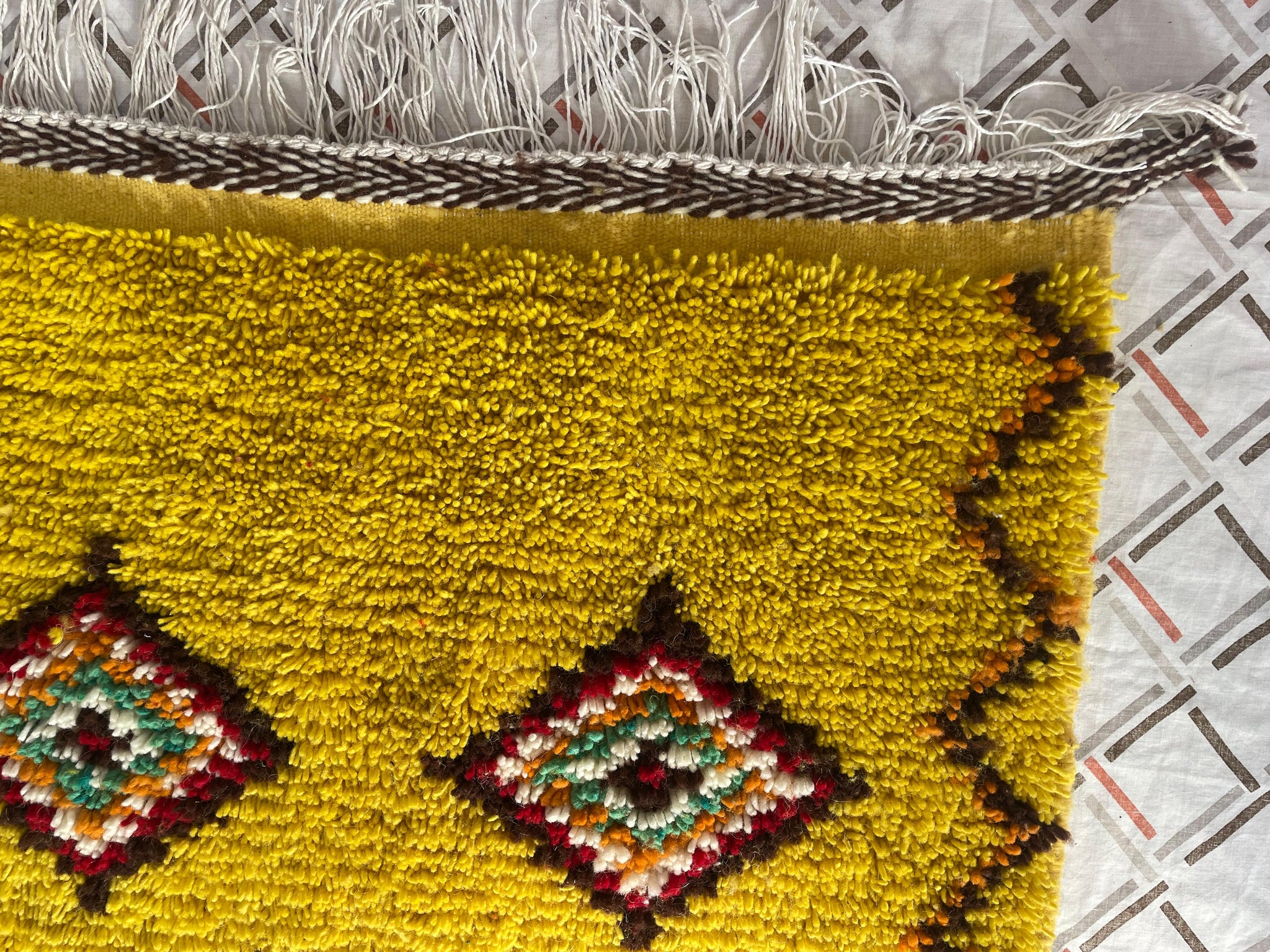 Moroccan Runner Rug 9.8x3.1 ft – Yellow Azilal Wool Carpet with Colorful Diamonds