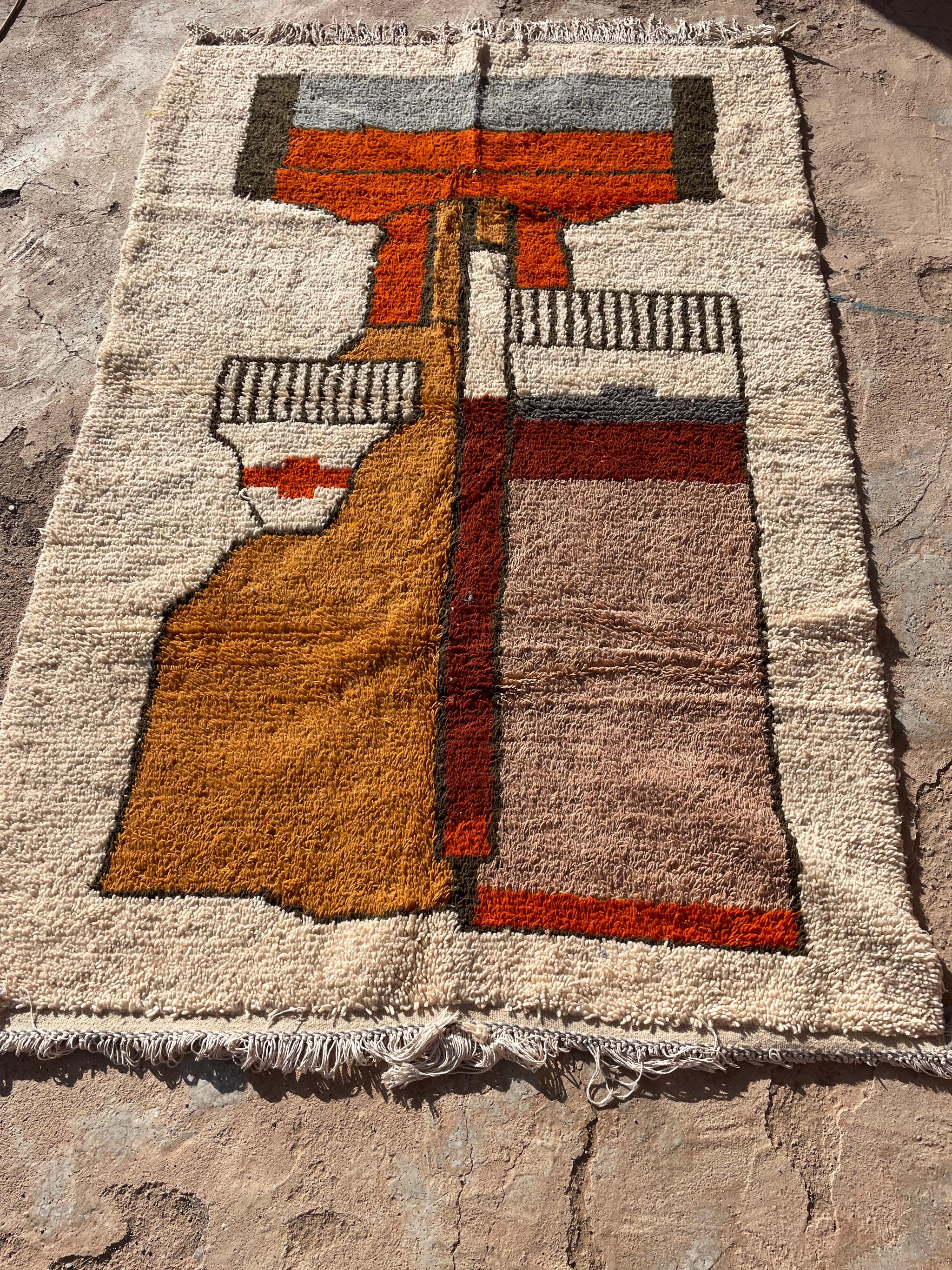 Beige Moroccan Rug 8x5 ft – Abstract Face Design Handmade Wool Carpet