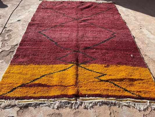 Red Yellow Black Moroccan Wool Rug 9.5x6 ft – Handmade Diamond Carpet for Decor