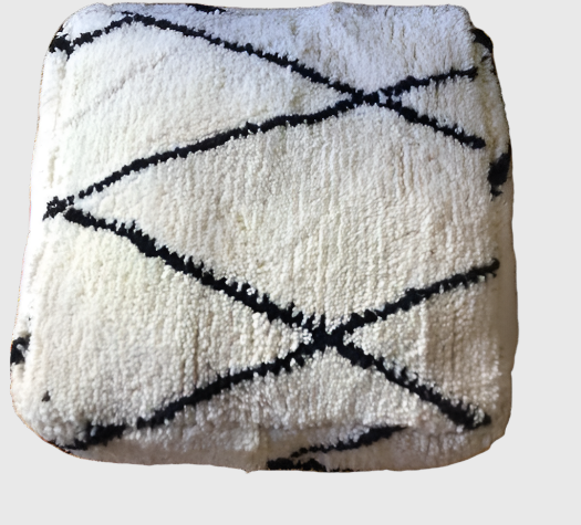 Beige Moroccan Wool Pouf – Handwoven Floor Cushion with Stripe Pattern, 24x24x8 in