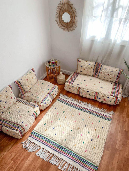 Traditional Moroccan Living Room Set – Handmade Wool Berber Rug, 4 Poufs & 4 Cushions for Modern or Boho Interiors