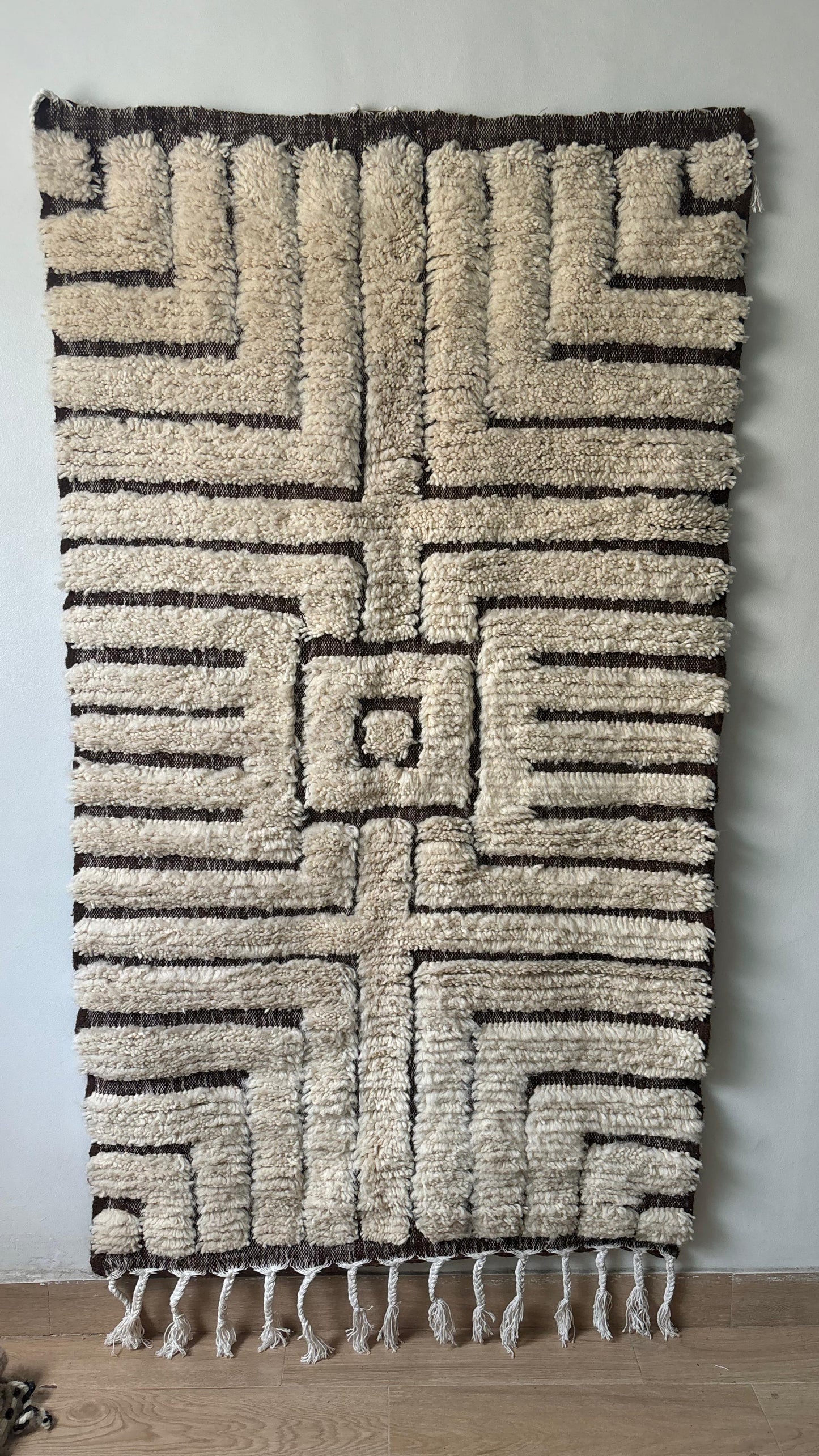 Beige Brown Moroccan Wool Rug 6.5x3.3 ft – Handmade Berber Carpet for Interiors