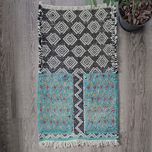 Small Moroccan Rug 3.7x2 ft – Handmade Wool Carpet with Turquoise, Black, and White Geometric Patchwork for Modern and Elegant Interiors