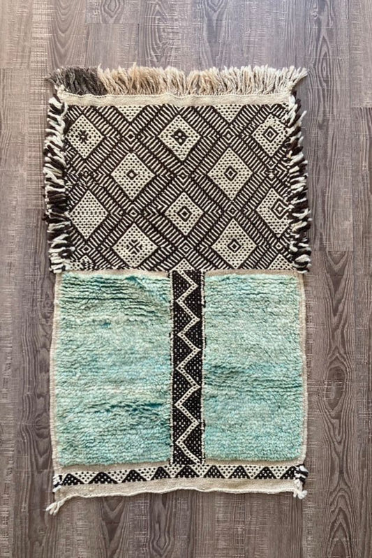 Small Moroccan Rug 3.8x2.1 ft – Handmade Wool Carpet with Black, White, Mint Green, and Beige Patchwork Motifs for Modern and Traditional Spaces