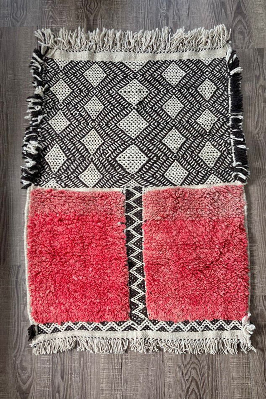 Small Moroccan Rug 3.6x2.5 ft – Handmade Wool Carpet with Red, Black & White Geometric Motifs for Bedroom or Living Room Accent Spaces