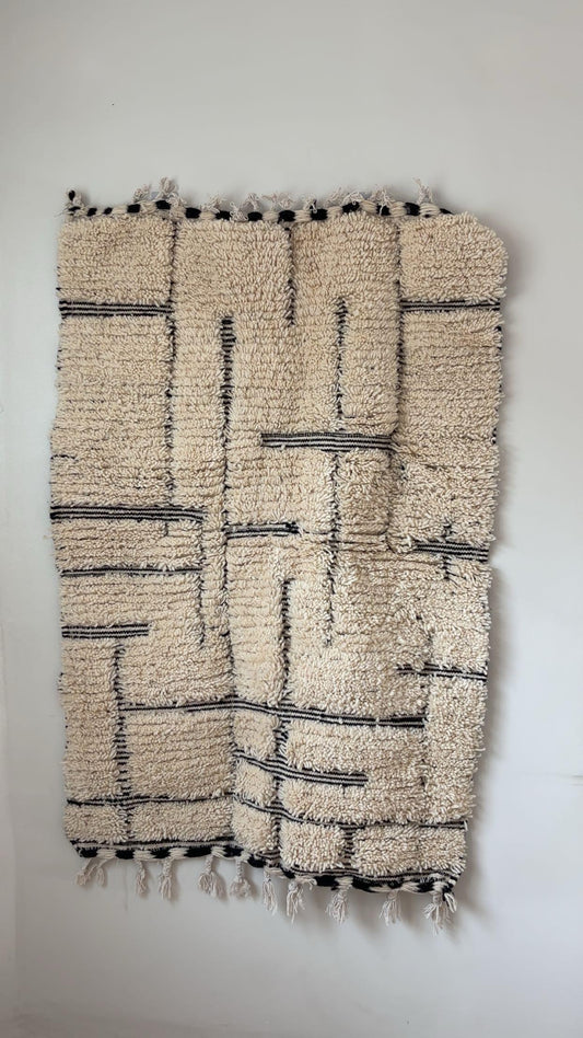 Beige Moroccan Rug 5x3.3 ft – Handmade Wool Carpet with Black Geometric Patterns for Minimalist Living Rooms, Bedrooms, or Home Offices