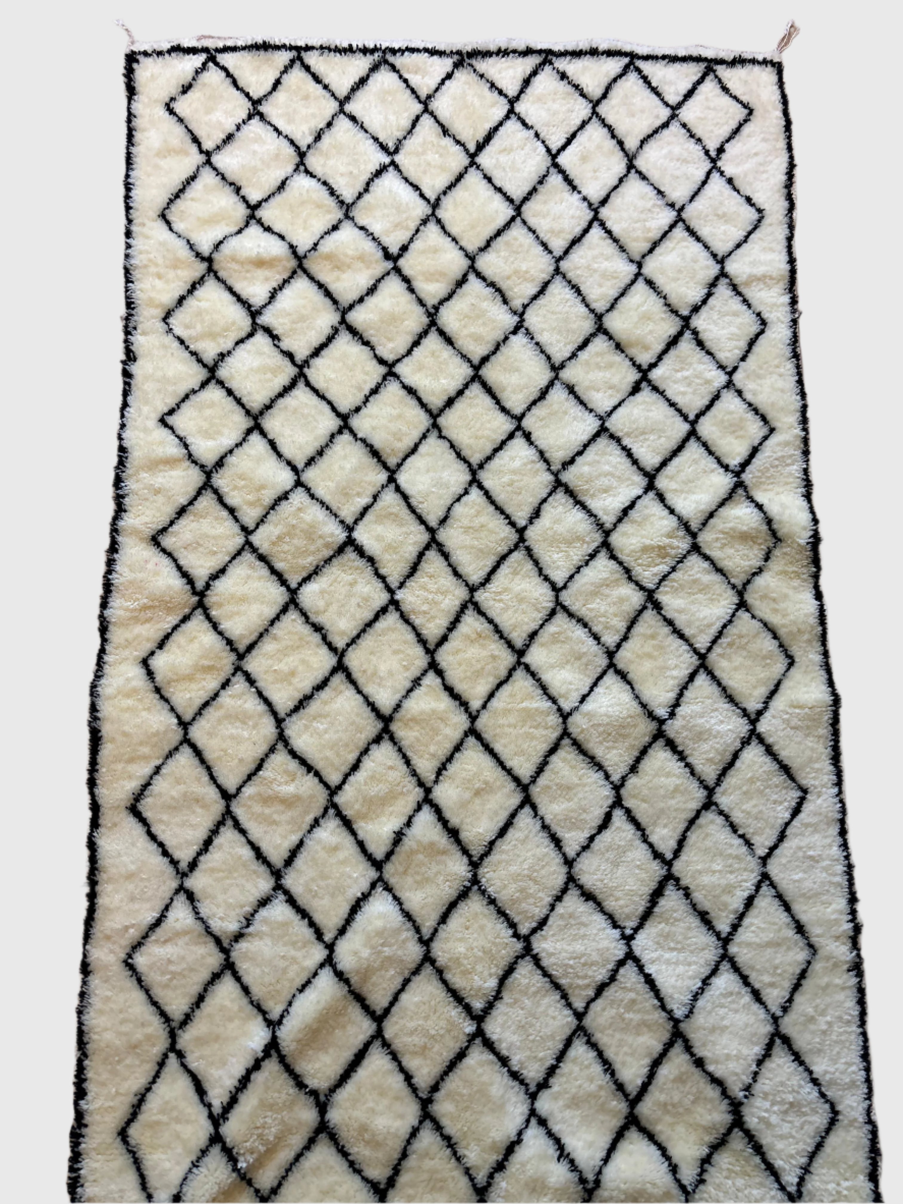 Handmade Beni Ourain Moroccan rug in cream wool with black diamond pattern, 6x9 feet