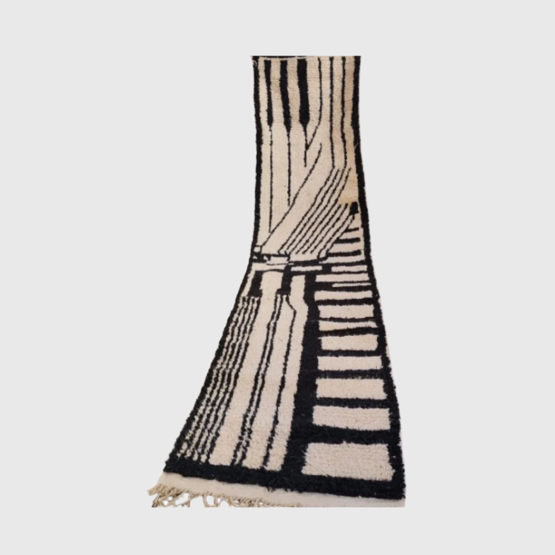 Long Moroccan runner rug in black and white with abstract linear pattern, size 2.5x11.5 ft