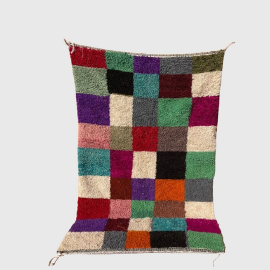 Handmade colorful Moroccan wool rug with vibrant checkered patchwork design in boho style, 5x7 feet