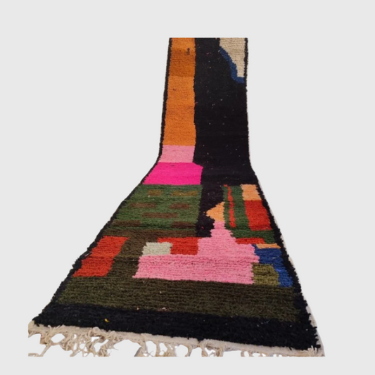 Long colorful Berber runner rug with abstract blocks of pink, orange, black, and green, size 2.5x11.5 ft