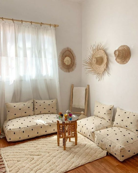 White Moroccan Living Room Set – Berber Rug, Poufs & Cushions with Black Motifs