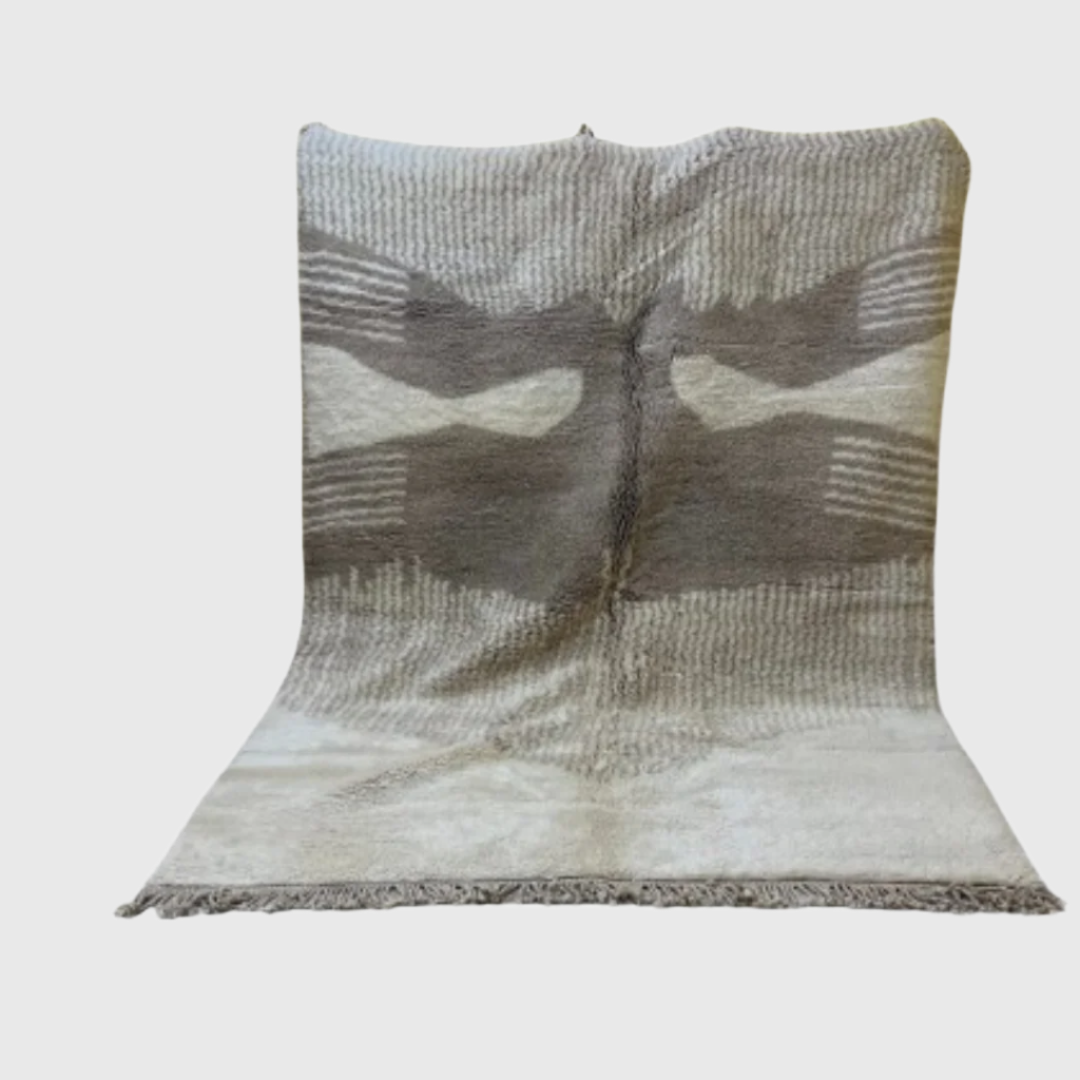 Handmade modern Moroccan wool rug in shades of grey featuring abstract wing-like symmetrical design, 5x8 feet