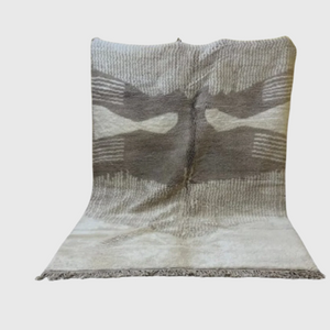 Handmade modern Moroccan wool rug in shades of grey featuring abstract wing-like symmetrical design, 5x8 feet