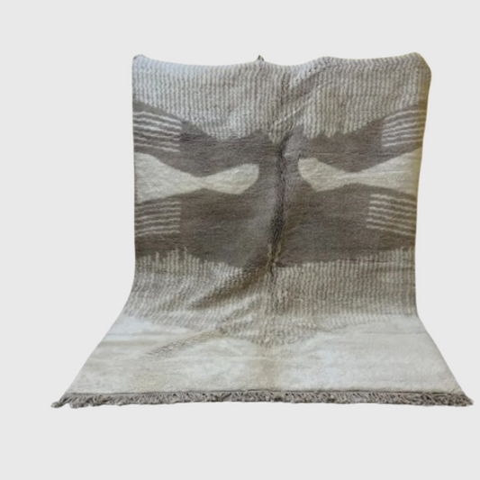 Handmade modern Moroccan wool rug in shades of grey featuring abstract wing-like symmetrical design, 5x8 feet