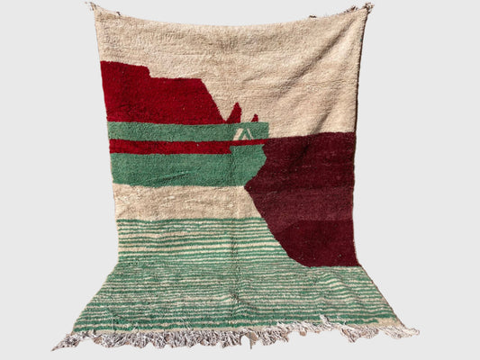 Modern Moroccan rug with red and green abstract pattern, handwoven in wool, 6x9 feet