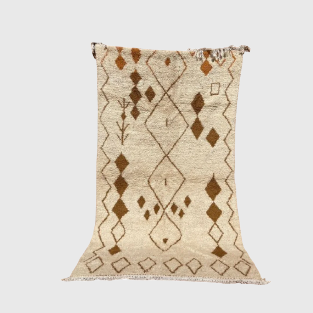 Handmade Moroccan Berber wool rug in beige with warm brown diamond and tribal motifs, 5x8 feet