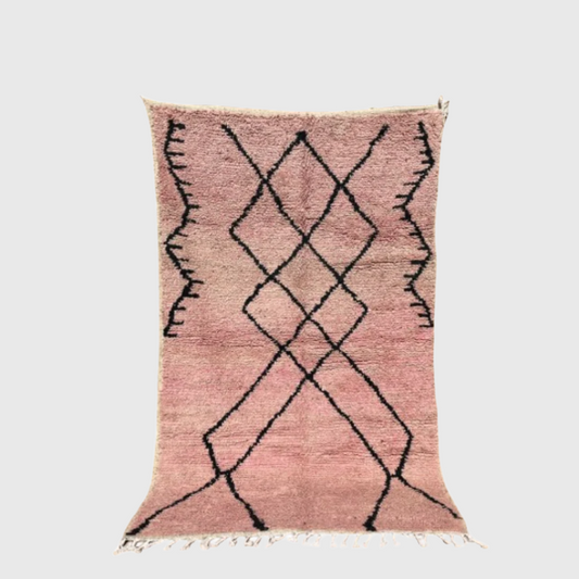 Handmade Moroccan Berber wool rug in pink with bold black diamond tribal pattern, 5x8 feet