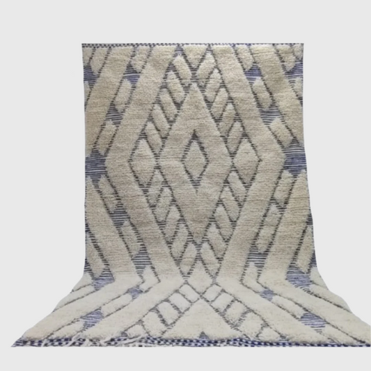 Moroccan rug in white with blue lattice diamond pattern, handmade Berber style, 5x8 ft