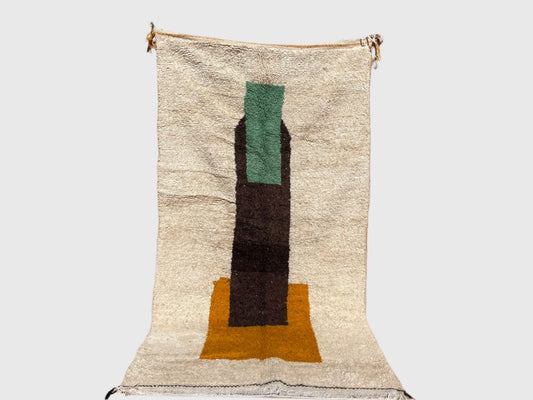 Handmade Moroccan modern wool rug with minimalist green, brown, and orange blocks on beige background, 5x8 feet
