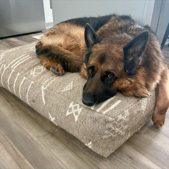 German Shepherd resting on a handmade Moroccan cotton pouf used as a dog bed, with grey and white tribal patterns