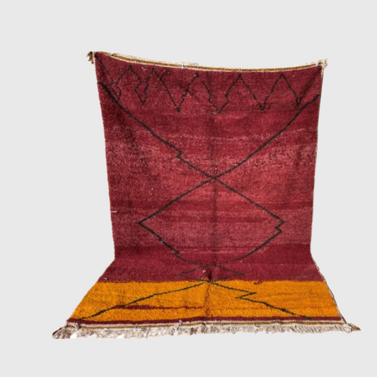 Red and yellow Moroccan wool rug with black diamond pattern, handmade in 5x8 ft size