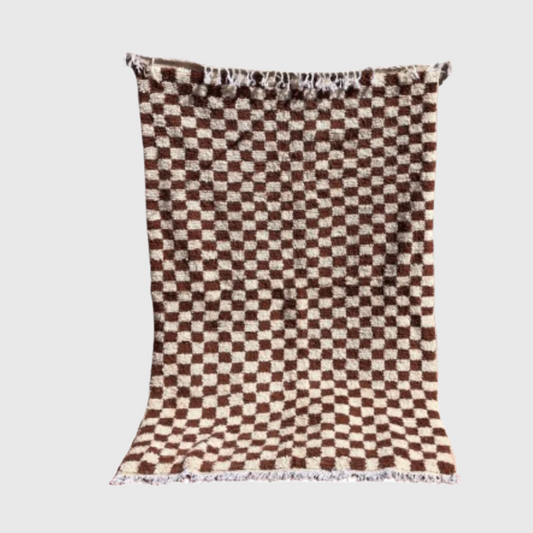 Handmade Moroccan checkered rug in brown and white wool, size 5x8 ft