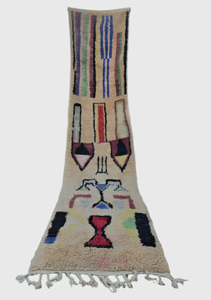 Colorful Moroccan runner rug with abstract boho patterns, handmade wool, 7x2 feet