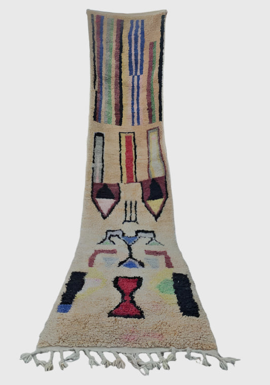Colorful Moroccan runner rug with abstract boho patterns, handmade wool, 7x2 feet