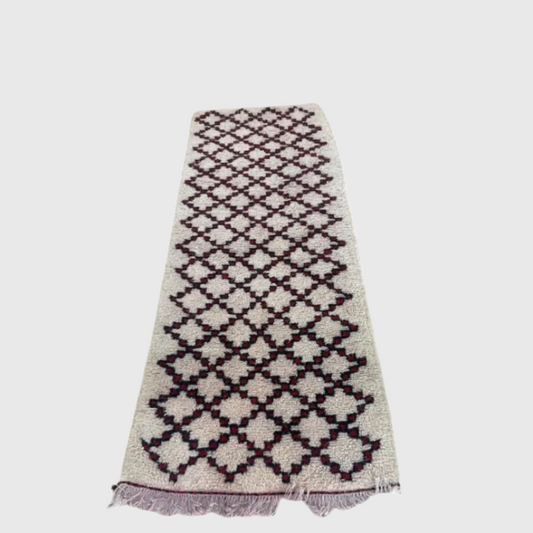 Handmade Moroccan runner rug in cream with black and burgundy Berber diamond pattern, 8x2 feet