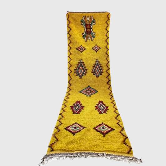 Vintage Moroccan runner rug with yellow background and Berber motifs, handmade, size 2x8 ft