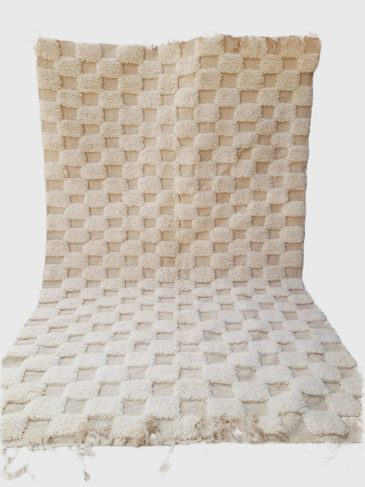 Handmade Moroccan wool rug in cream with 3D checkered cube pattern, 5x8 feet