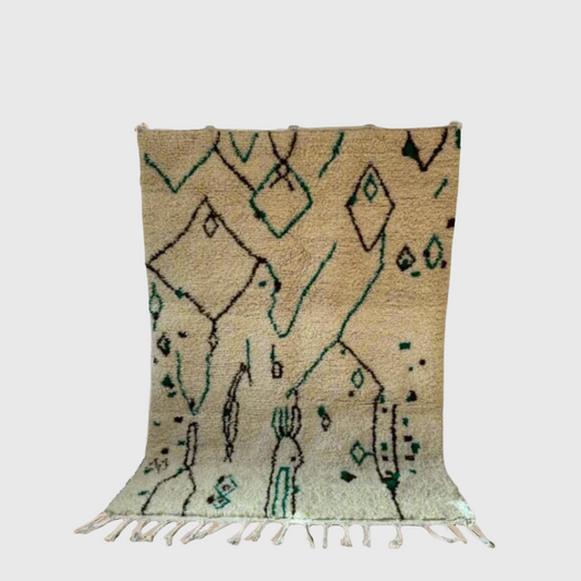 Handmade Moroccan wool rug in cream and green with abstract tribal pattern, 6x9 feet